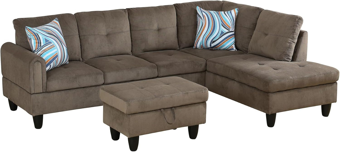 Couches for Living Room Modern L Shaped Couch Comfy Velvet Fabric 3 Pieces Sectional Sofa with Chaise, Ottoman with Storage for Office and Small Apartment, Brown Pineapple