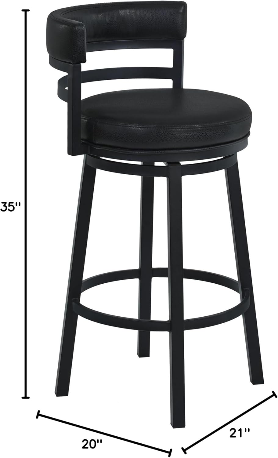 Armen Living Madrid 26" Seat Height Swivel Modern Ford Black Faux Leather and Black Finish Bar Stool for Kitchen Island Counter