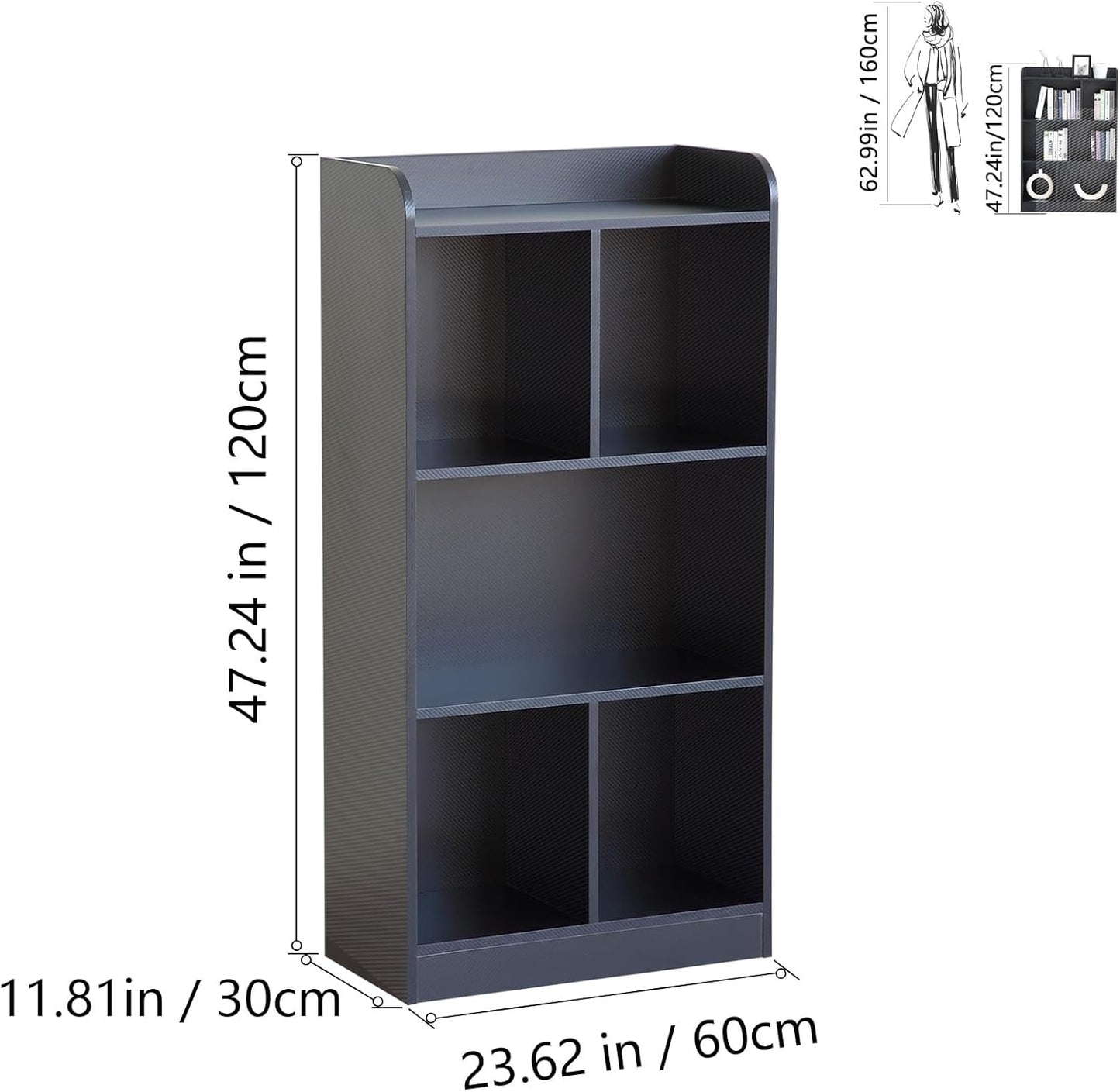 Book Shelf with Back Panel Stability 5 Cube Bookcase Multifunctional Cube Storage Organizer Shelf for Bedroom Living Room Office Closet School in Black with 23.62''W