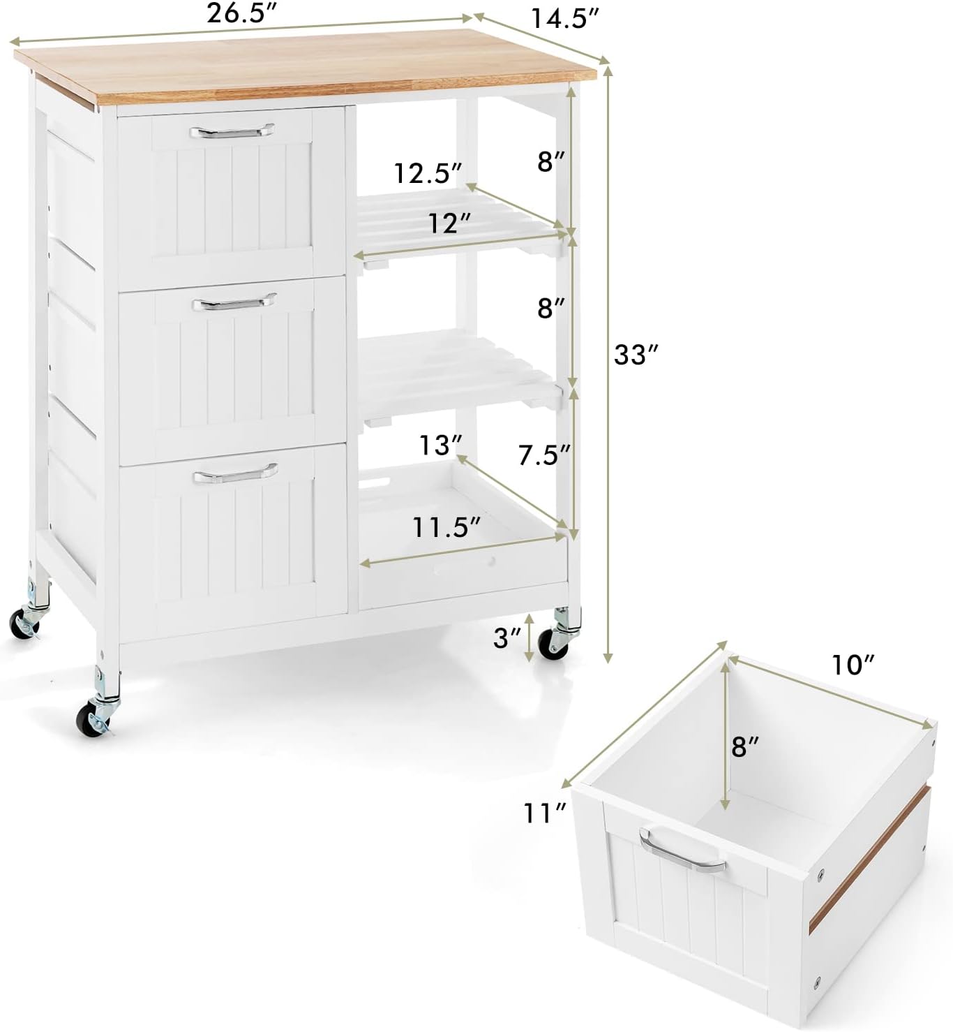 COSTWAY Kitchen Storage Island Cart on Wheels, Kitchen Rolling Trolley Cart with 3 Drawers and Shelves, 360° Wheels & Detachable Tray, Kitchen Island for Dining Room, Living Room & Bedroom