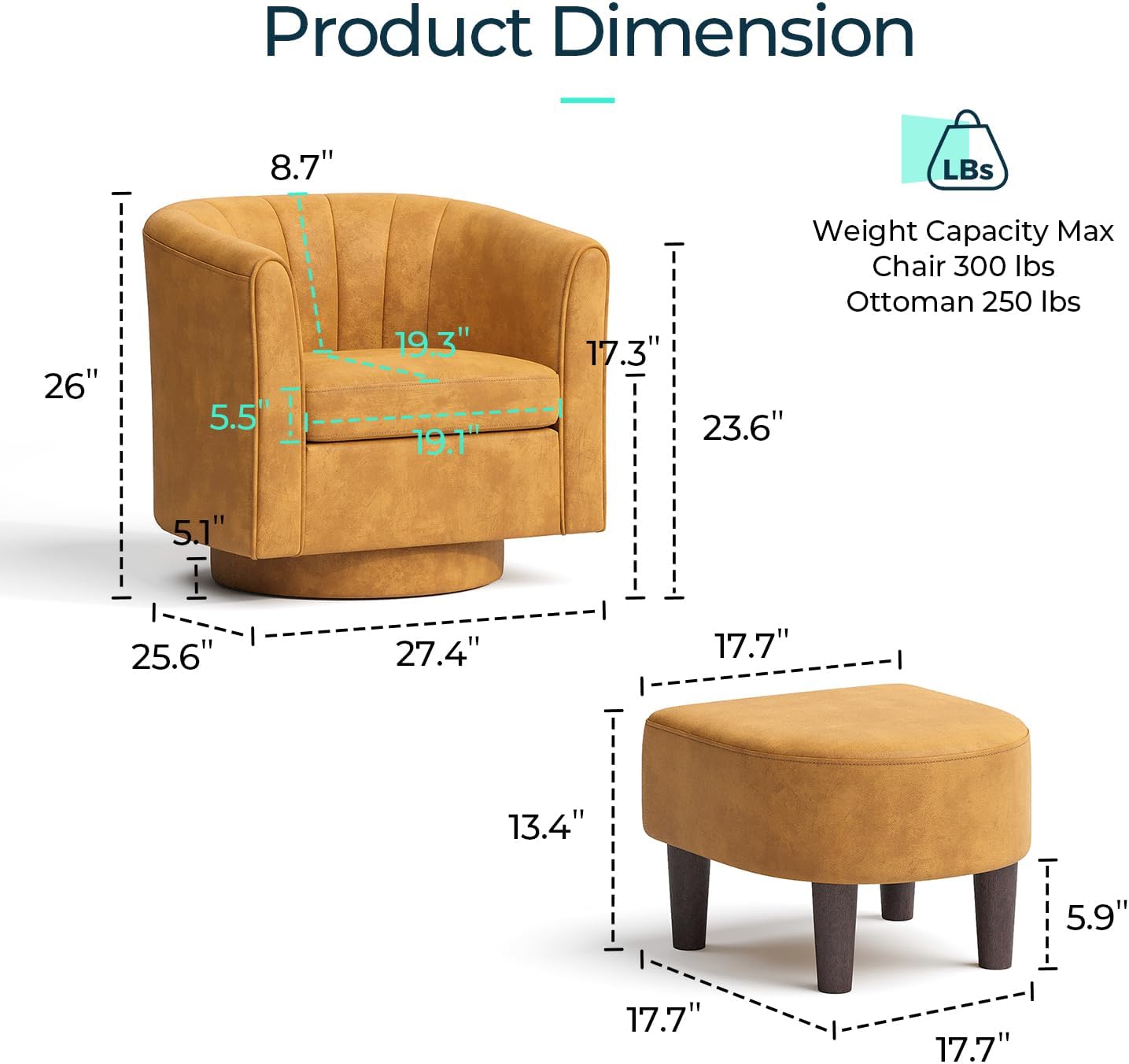 LINSY Swivel Accent Chair with Ottoman: Small Velvet Barrel Chair 360 Swivel Modern Armchair, Upholstered Reading Chair with Footrest for Living Room Bedroom Study Room (Yellow)