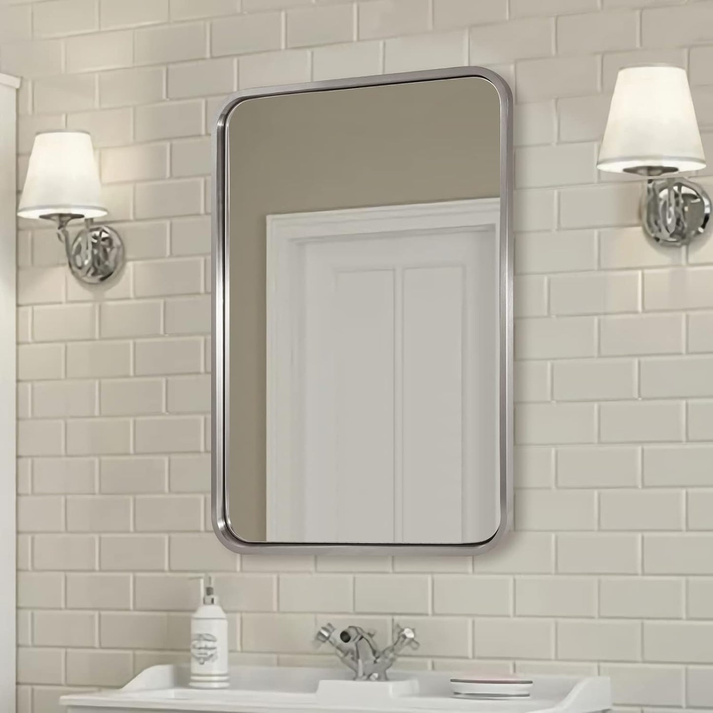 ANDY STAR Mirrors for Wall, 20x28’’ Brushed Nickel Bathroom Mirror, Rounded Rectangle Mirrors for Vanity, Anti-Rust SUS304, Tube Metal Frame, 1’’ Deep Wall Mounted Vertically/Horizontal