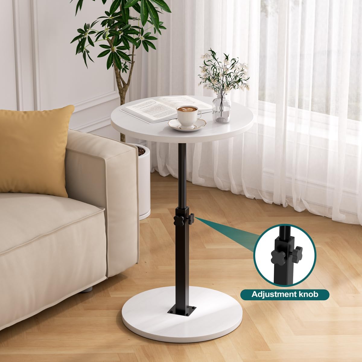 Adjustable Side Table, Round End Table, Small Bedside Table, Mid Century Modern Nightstand for Living Room, Bedroom, Corners and Office (White)