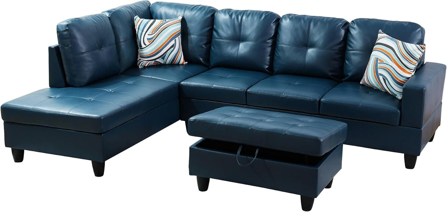 L Shaped Couch PU Leather Sectional Couch Upholstered 3 Pieces Sofas for Living Room with Chaise, Storage Ottoman for Office and Small Apartment, Peacock Blue