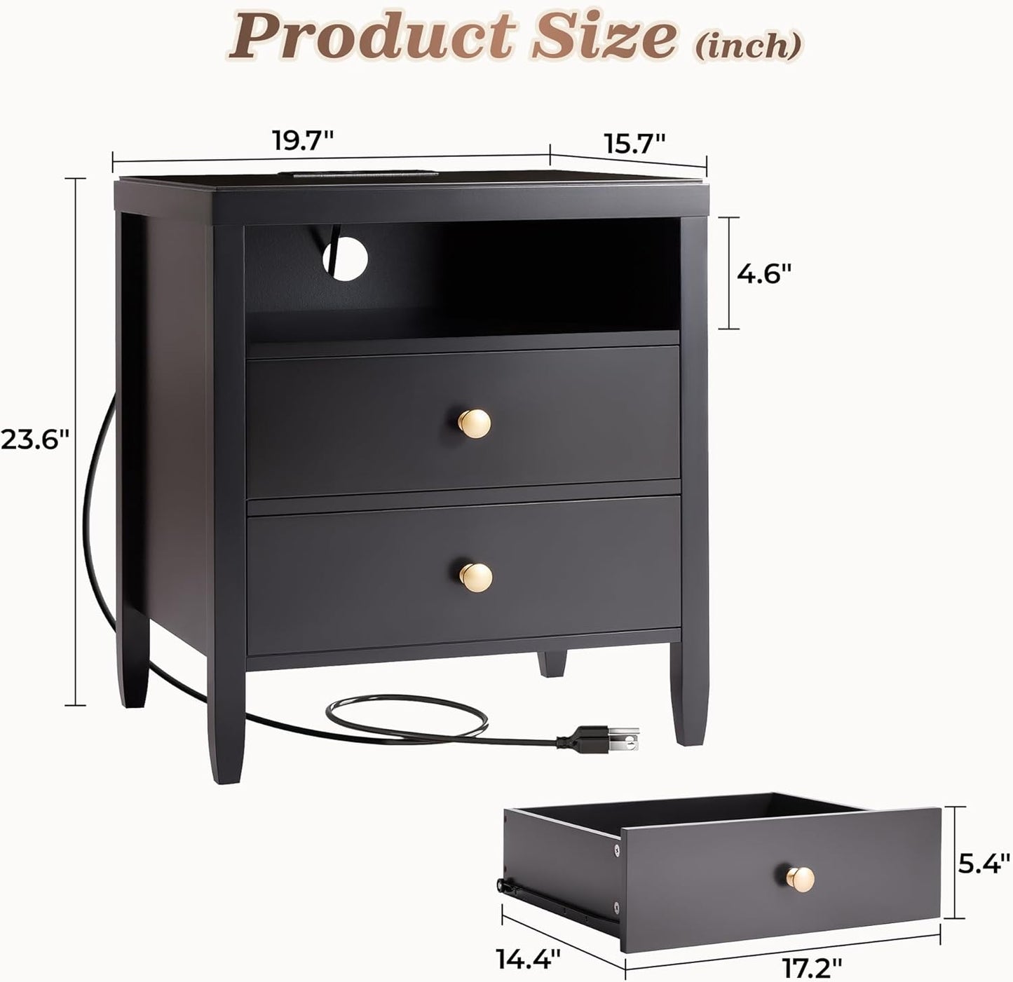 Huuger Black Nightstand Set of 2, Night Stand with Charger Station, Bedside Table with 2 Drawers, Bed Side Tables for Bedroom, Modern Nightstands, Metal Knobs, Painted Surface