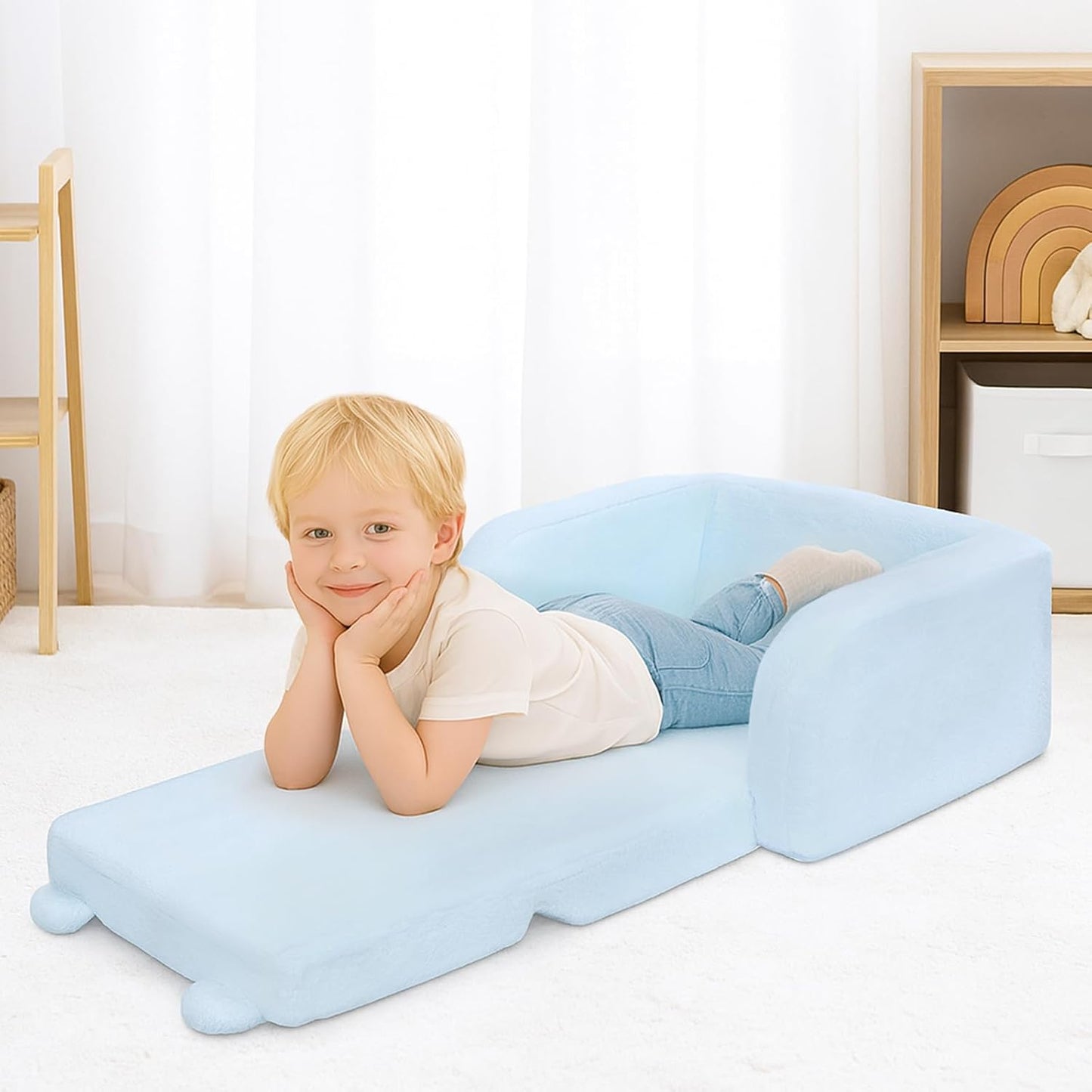 MONKISS Toddler Couch, 2-in-1 Kids Sofa Fold Out, Convertible Sofa to Lounger for Girls and Boys, Toddler Chairs Comfy 1-3 Years Old, SF04, Blue Bear