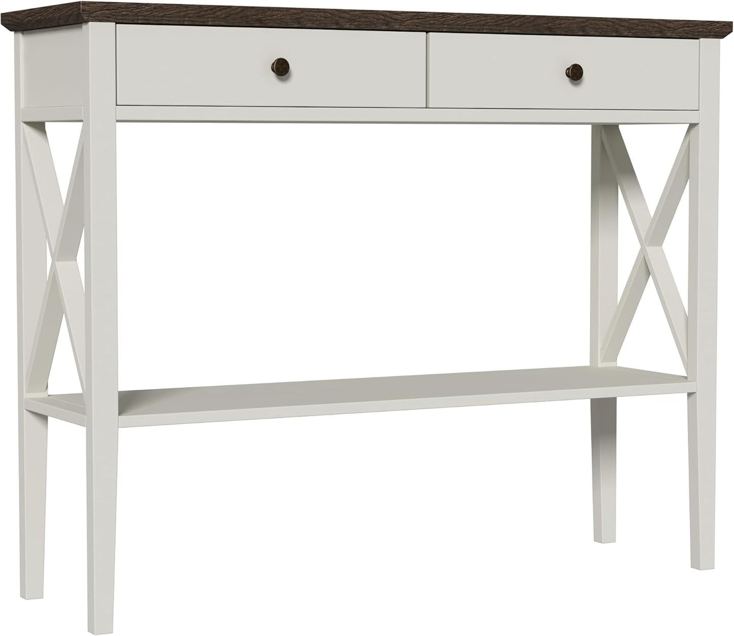ChooChoo Farmhouse Console Table with Drawers, Narrow Wood Accent Sofa Table Entryway Table with Storage Shelf for Entryway, Front Hall, Hallway, Living Room, Antique White & Brown