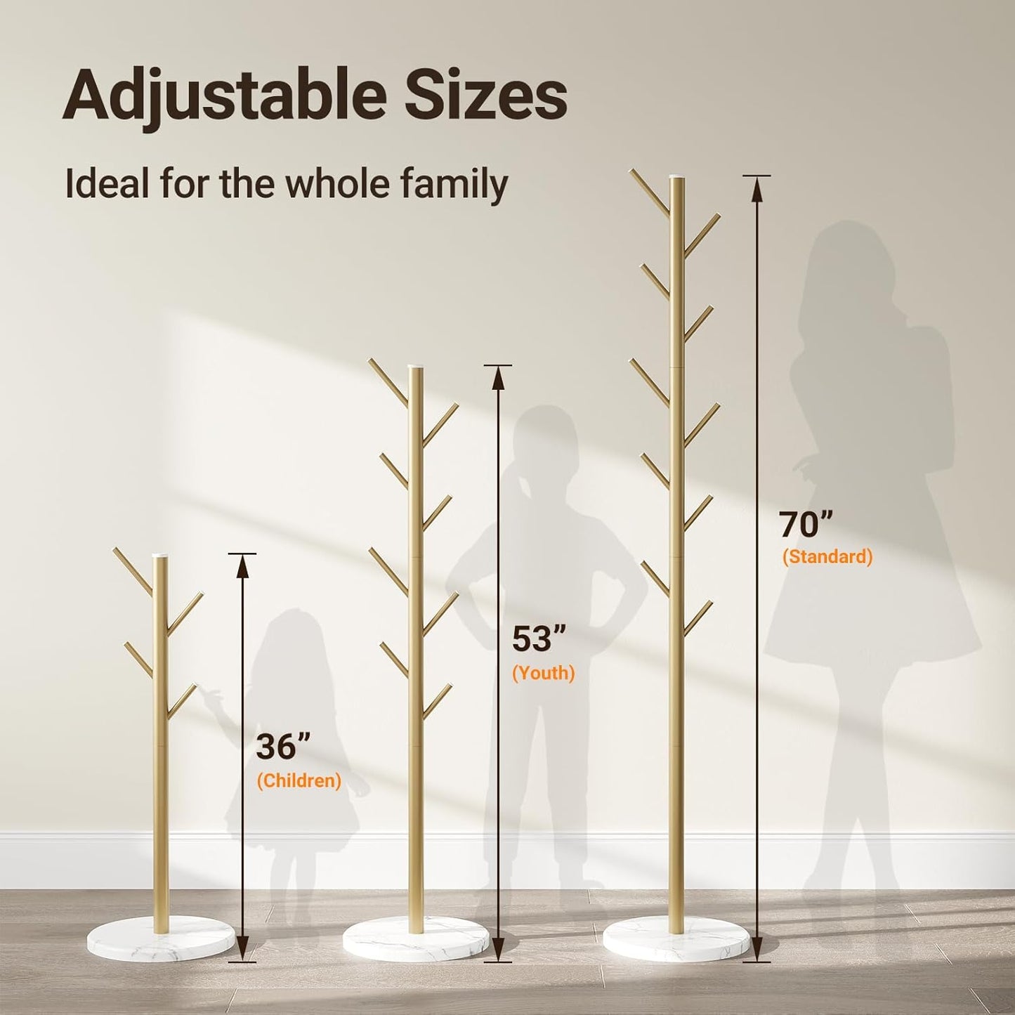 ELYKEN Coat Rack Freestanding with Natural Marble Base, Metal Coat Rack Stand with 10 Hooks, 3 Adjustable Size Coat Tree for Bags, Clothes, and Hats for Entryway, Bedroom, Hallway, Office, Gold