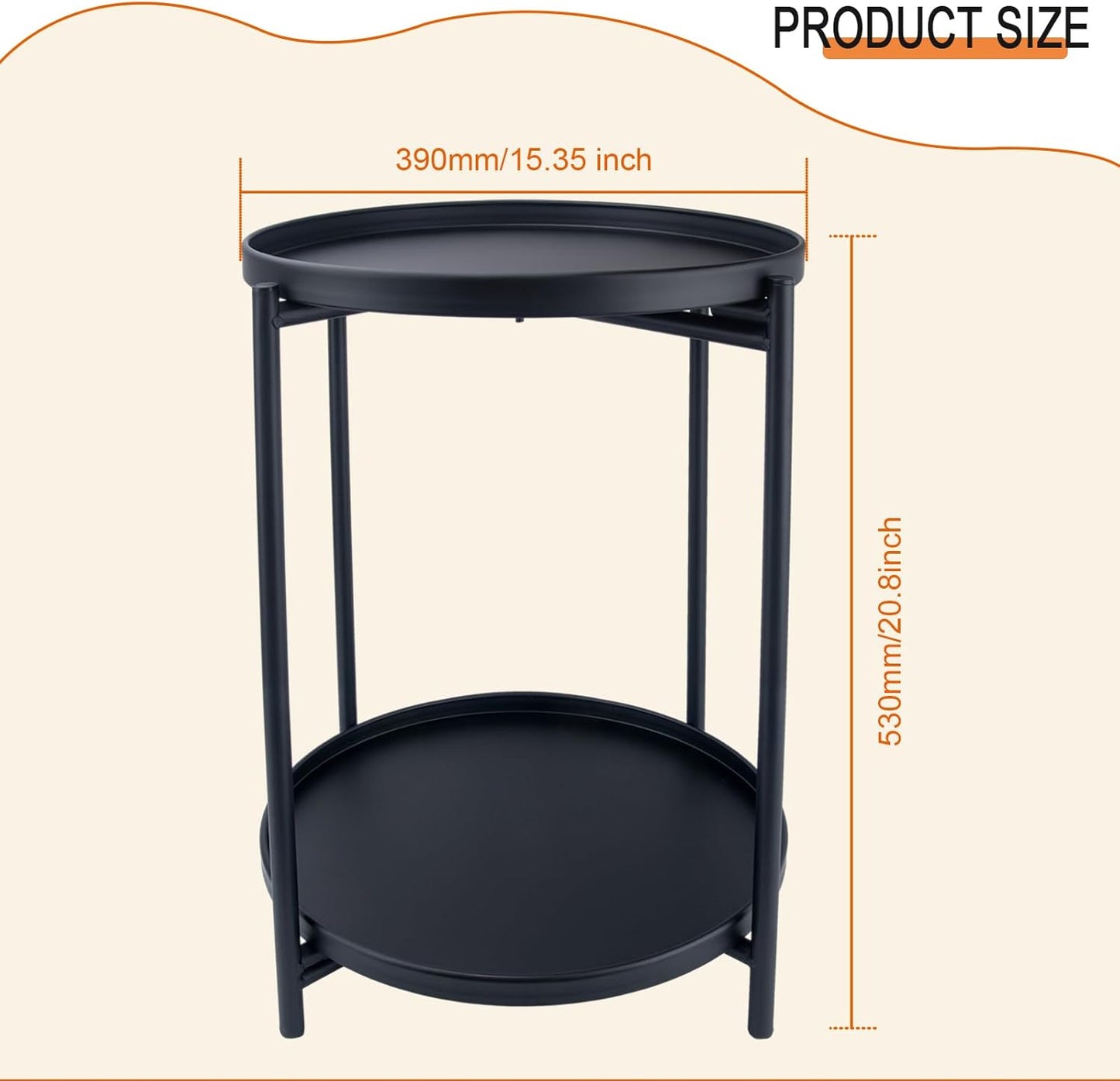 Round Side Table, 2-Tier Small Round Table, Round end Table, Nursery Side Table, with Removable Tray, for Room, Bedroom, Balcony, Living, Sofa, Kitchen, and Office