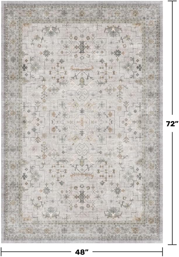 Boho 4x6 Living Room Rug - Light Grey Modern Vintage Eclectic Floral Pastel Neutral Taupe, Washable Low Pile Non-Slip Area Rugs for Kitchen, Mudroom, Bedroom Beside Bed, Office