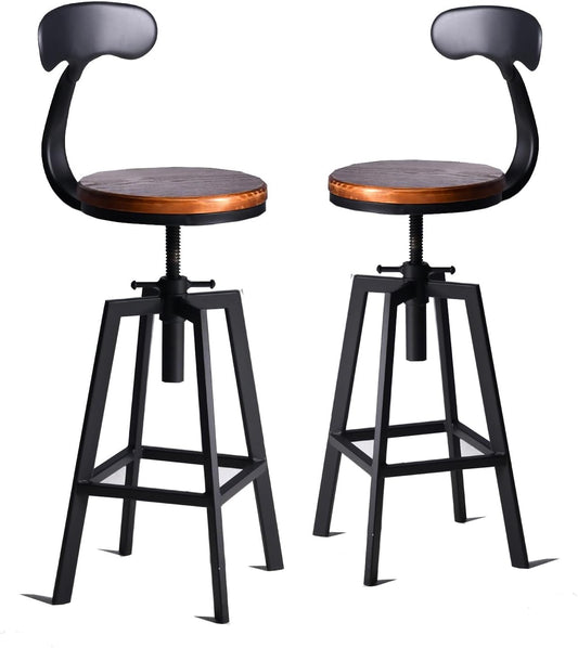Set of 2 Industrial Bar Stools with Backrest Swivel Wooden Seat Height Adjustable 25-32inchKitchen Island Stool Breakfast Dining Chair