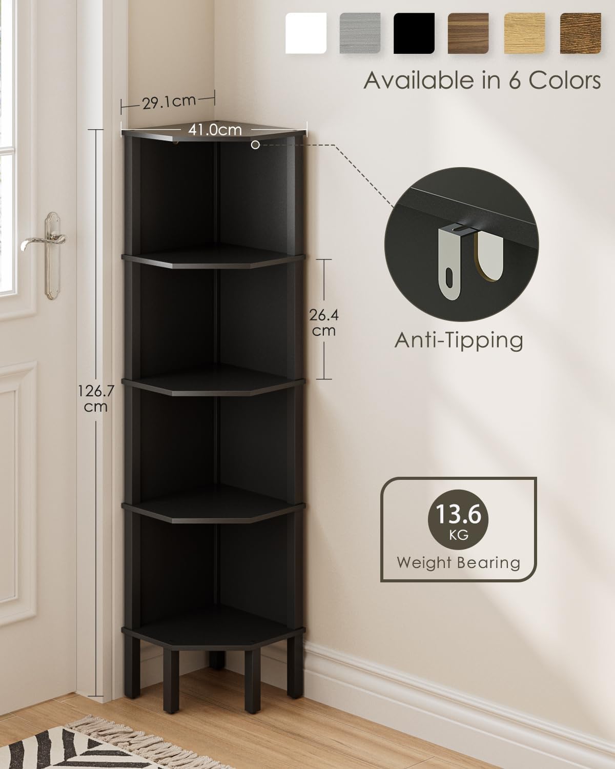 Corner Shelf, 5 Tier Corner Bookshelf，Wall Corner Bookshelf for Small Space,Display Corner Shelf Stand with Storage Rack for Living Room,Bedroom,Office,Black