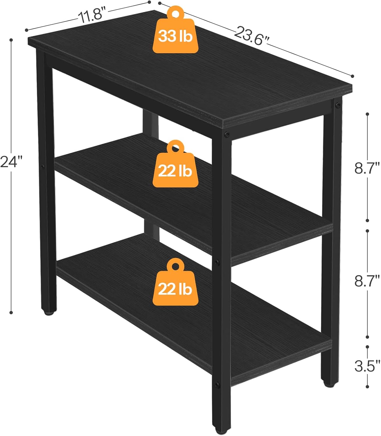 HOOBRO End Table, Simple Rustic Side Table with 3-Tier Storage Shelf, Narrow Nightstand for Small Spaces, Easy Assembly, for Living Room, Bedroom, Metal, Industrial Design, Black BB14BZ01