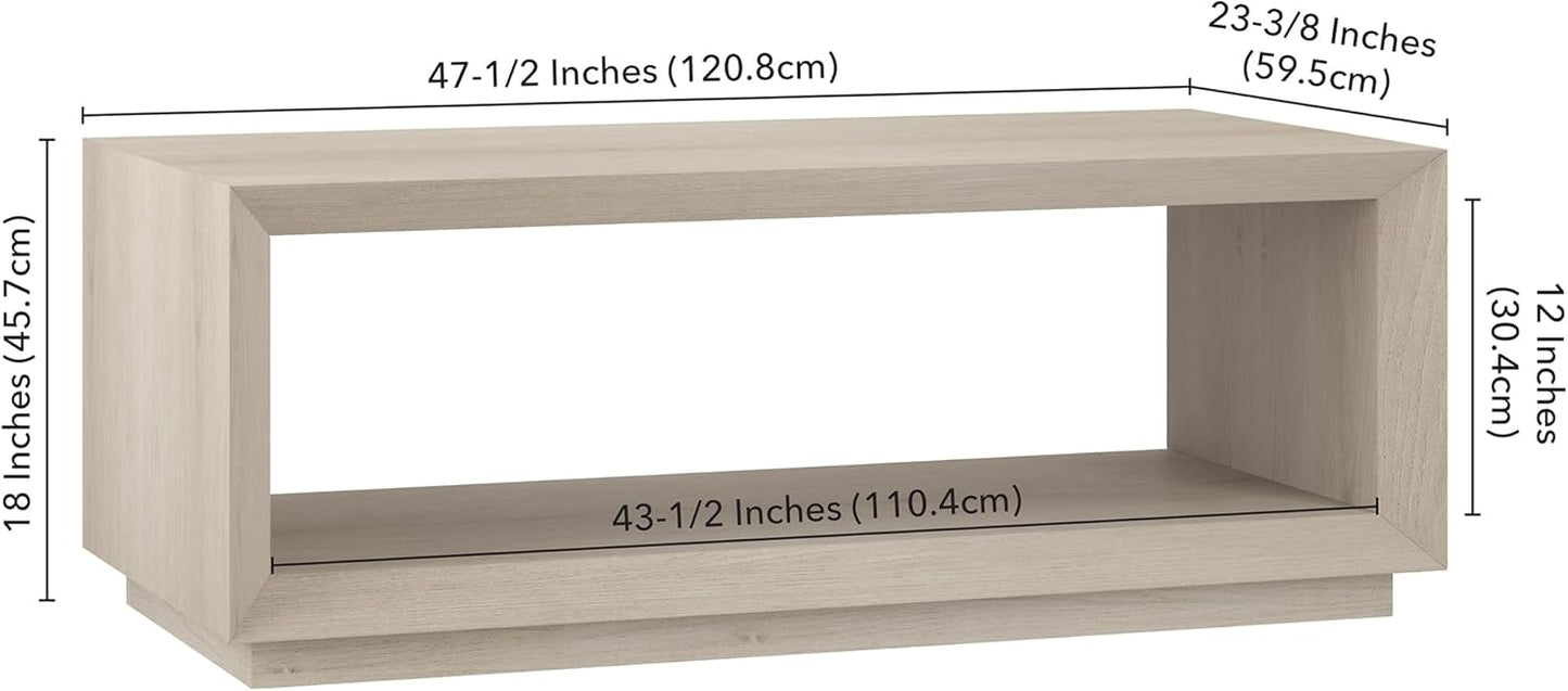 Henn&Hart 48" Rectangular Coffee Table with Open Storage Shelf for Living Room, Family Room, or Office, Alder White