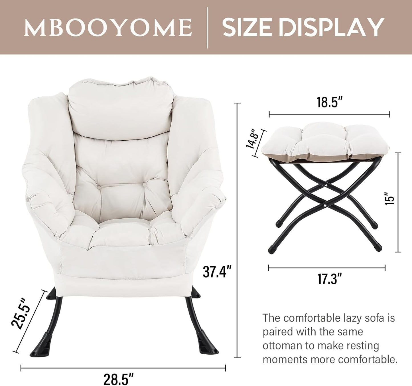 Lazy Chair with Folding Ottoman, Modern Accent Lounge Armchair with Armrests and a Side Pocket & Foldable Footstool, Leisure Reading Chair for Living Room, Bedroom, Dorm & Office, Beige