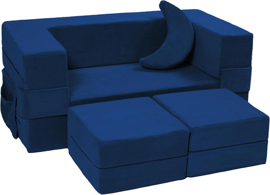 Modular Kids Sofa,Toddler Couch Foam Armchair for Kids, Children Convertible Plush Sofa Play Set,Fold Out SofaBed(Navy)