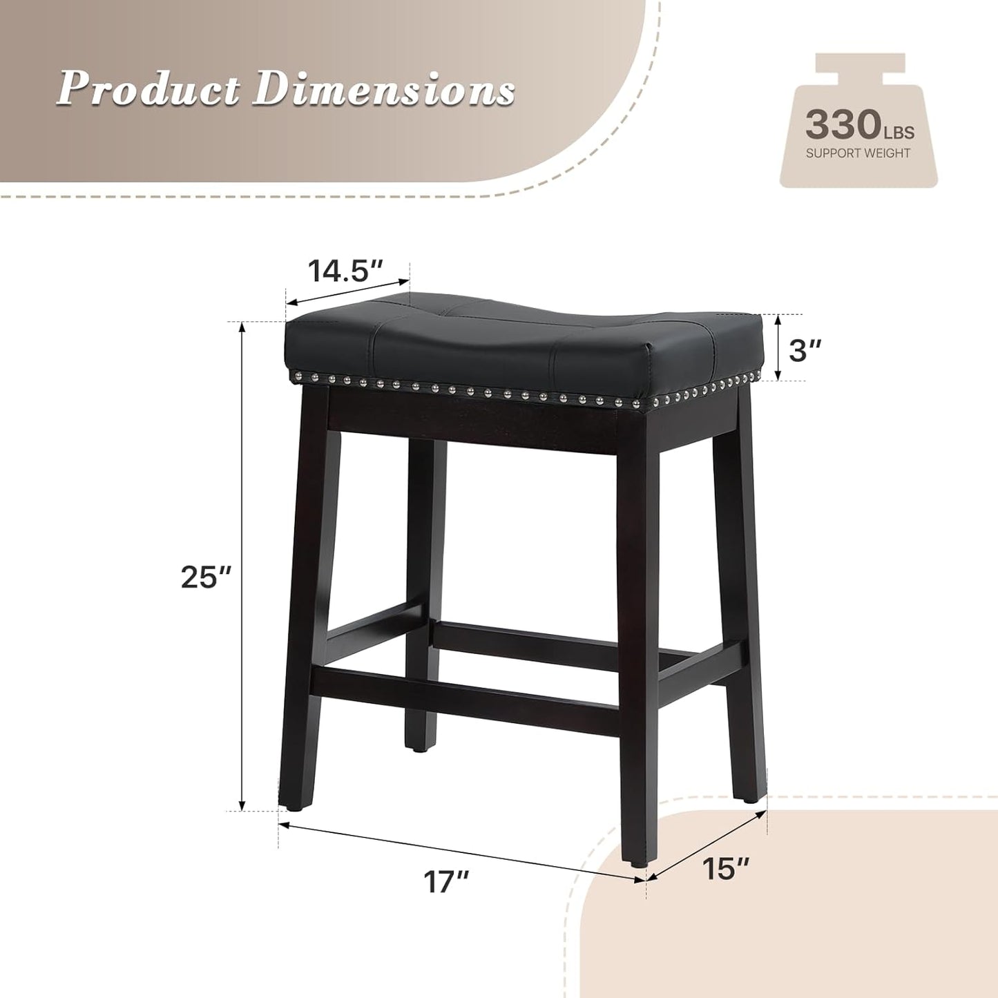 Athena Collection Bar Stools Set of 2, 25 Inches Counter Height Bar Stools Backless with Footrest, Leather Upholstered Saddle Barstools with Nailhead Trim for Home, Kitchen Island, Counter, Black