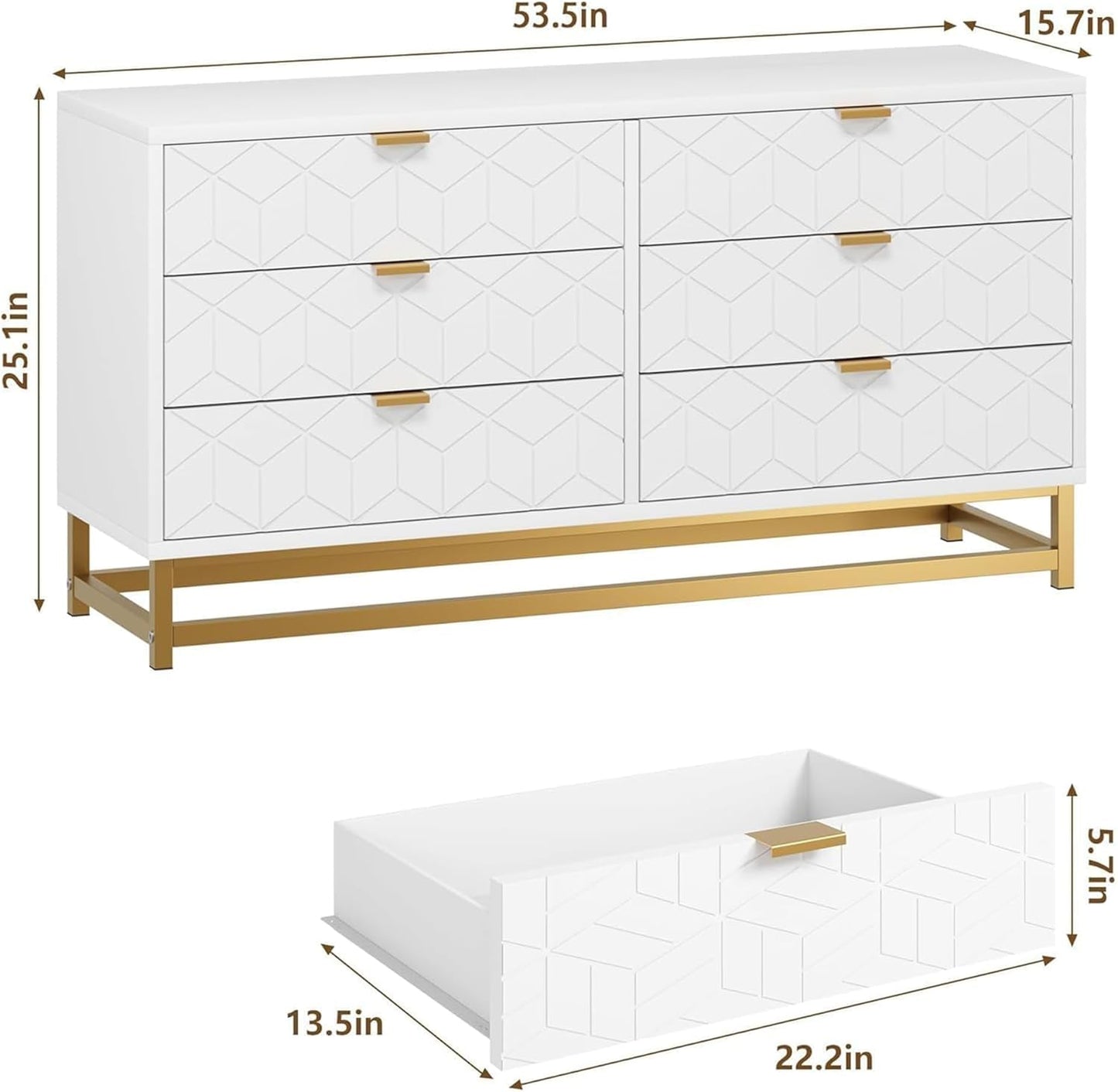 Dresser for Bedroom, 53.5" Large Dresser Organizer, 6 Drawer with Golden Metal Handle and Legs, Modern Chest of Drawers, White Dressers with Drawers for Closet, Hallway, Living Room, Entryway