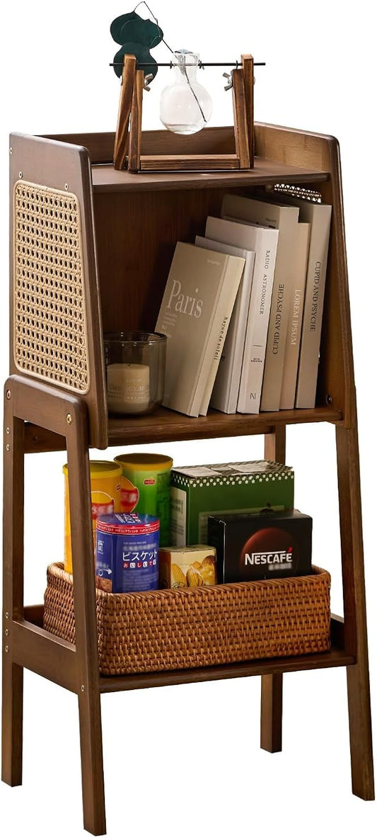 Welnow Bamboo Rattan Bookcase with Cabinet, 1-Tier Storage Shelf with Side Table & End Table Function, Large Modern Wood Organizer for Living Room or Bedroom, Walnut Bookshelf
