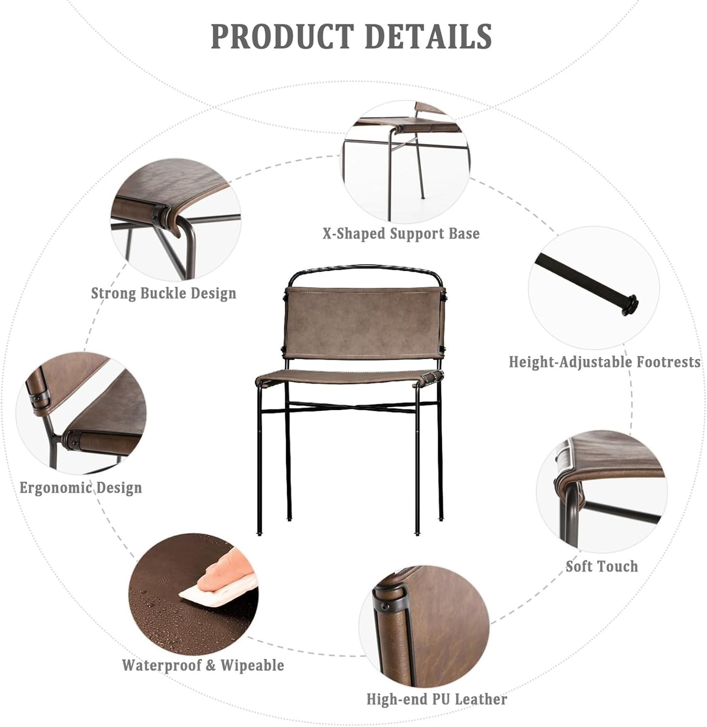 Mid-Century Modern Dining Chairs Set of 2, Brown PU Faux Leather Dining Chair Armless Dining Room Chairs with Black Metal Legs, High-End Stylish Kitchen Restaurant Dining Chairs