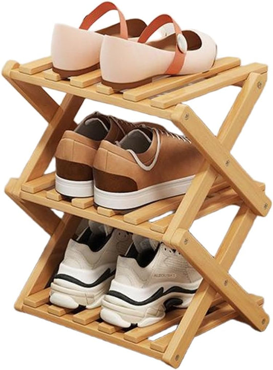 Simcat Wood Shoe Rack Foldable Shoe Organizer Shoe Storage for Small Spaces Free Standing Shelf for Entryway, Bedroom, Garage (3 Tiers,Primary Colors)