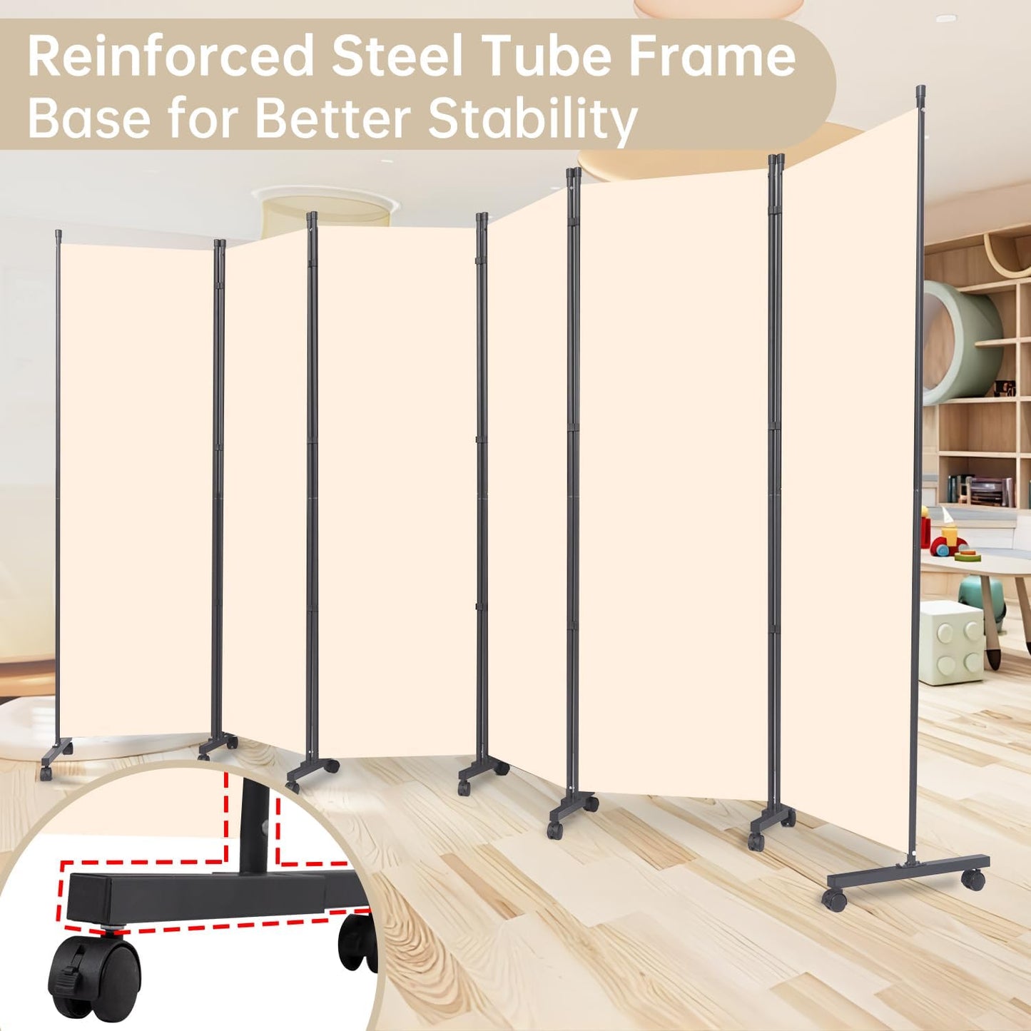 Room Divider 6 Panel Room Dividers/Wheels, Fabric Room Divider Panel for Office Room Partitions and Dividers, Portable Partition Wall Divider for Room Separation, Privacy Screen (Cream, Wheel-132'')