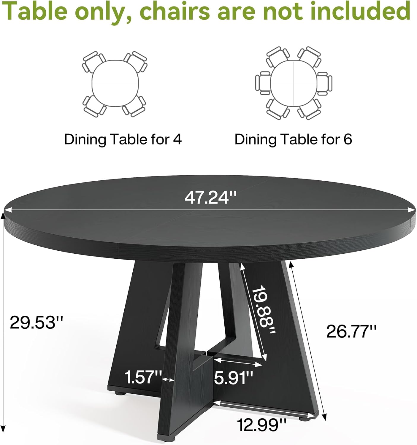 LITTLE TREE Round Dining Table for 4-6, 47 Inches with Wooden Pedestal Base, Black Dinner Table for Dining Room, Kitchen, Living Room