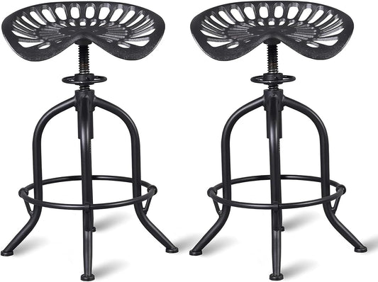 Industrial Bar Stool Farmhouse Tractor Saddle Stool Kitchen Counter Height Adjustable Bar Stool Metal Bar Stool 19.6-24 Inch Pub Bar Stool,Set of 2, Black