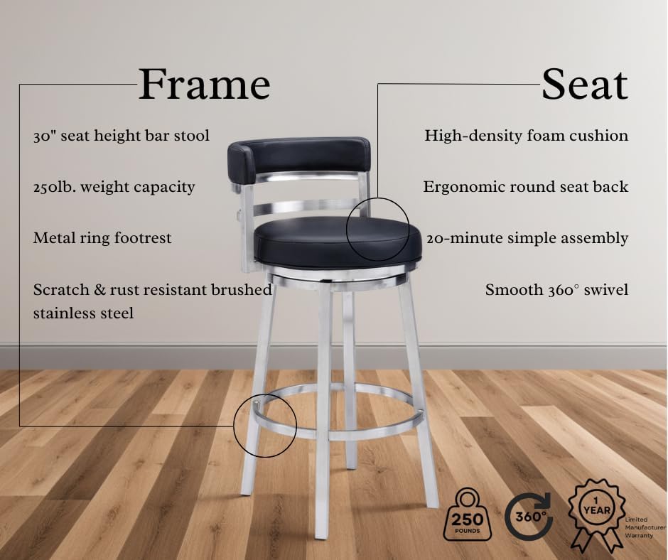 Armen Living Madrid 30" Seat Height Swivel Modern Black Faux Leather and Brushed Stainless Steel Bar Stool for Kitchen Island Counter