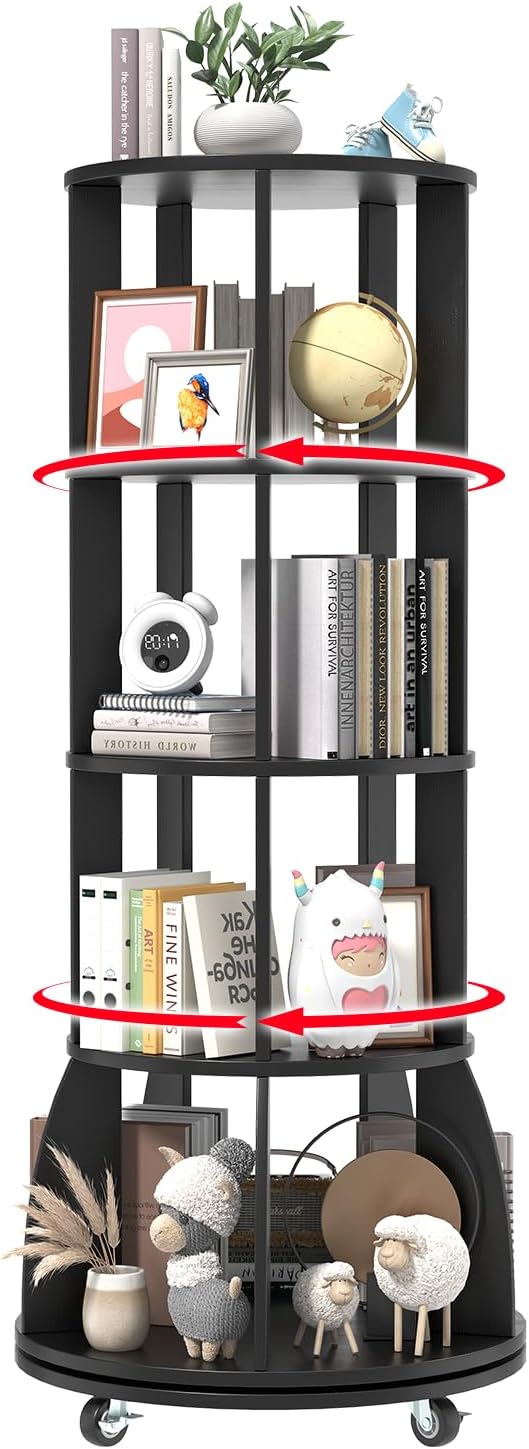 4 Tier Rotating Bookshelf with Brake Wheels, 360° Spinning Bookcase, Vertical Floor Standing Revolving Bookshelf Organizer for Small Spaces, Corner, Living Room, Bedroom, Black