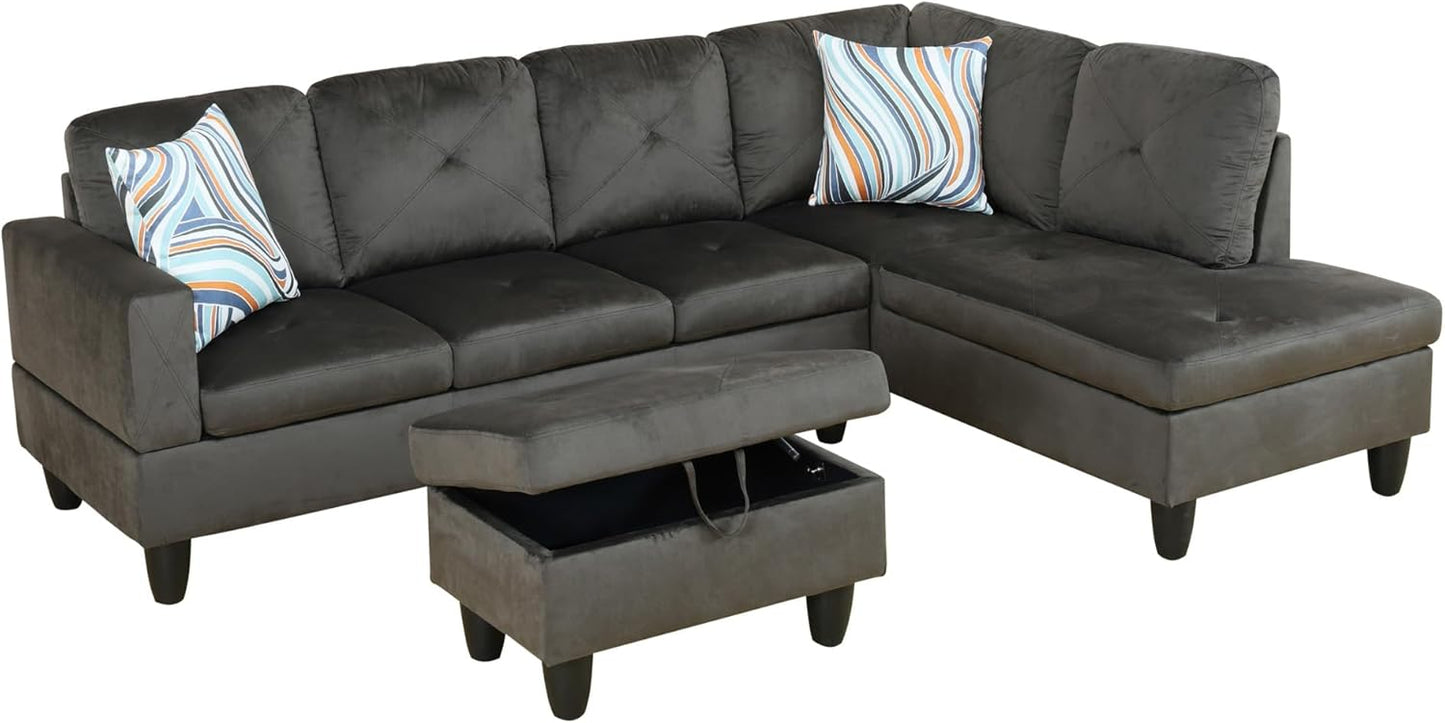 Couches for Living Room Modern L Shaped Couch Comfy Flannel Fabric 3 Pieces Sectional Sofa with Chaise, Ottoman with Storage for Office and Small Apartment, Grey