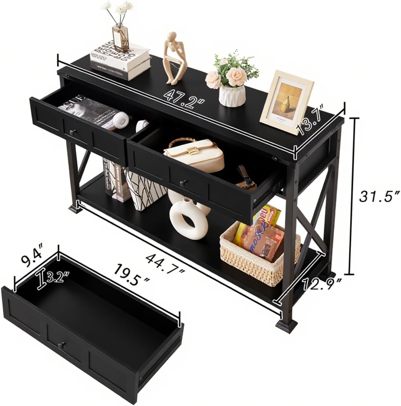 HOMBAZAAR Entryway Table,Rustic Console Table with 2 Drawers, Industrial Console Tables with Storage for Entryway, Hallway, Living Room,Black,47 Inch