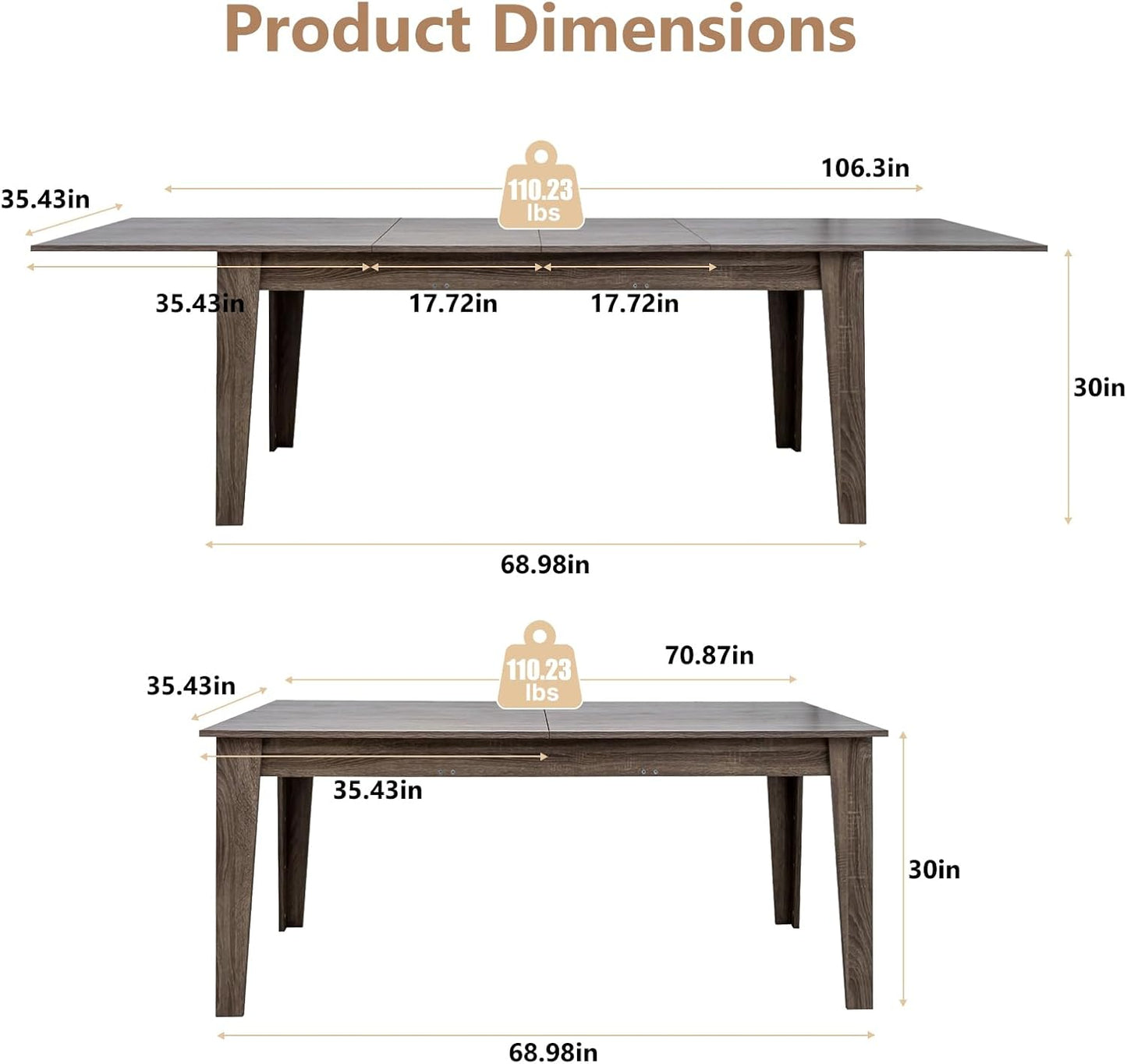 Expandable Dining Table, Large Wood Dining Table for 6-12, 70.87"-106.5" Modern Rectangular Long Kitchen Table with Metal Track for Kitchen, Living Room, Office-Brown