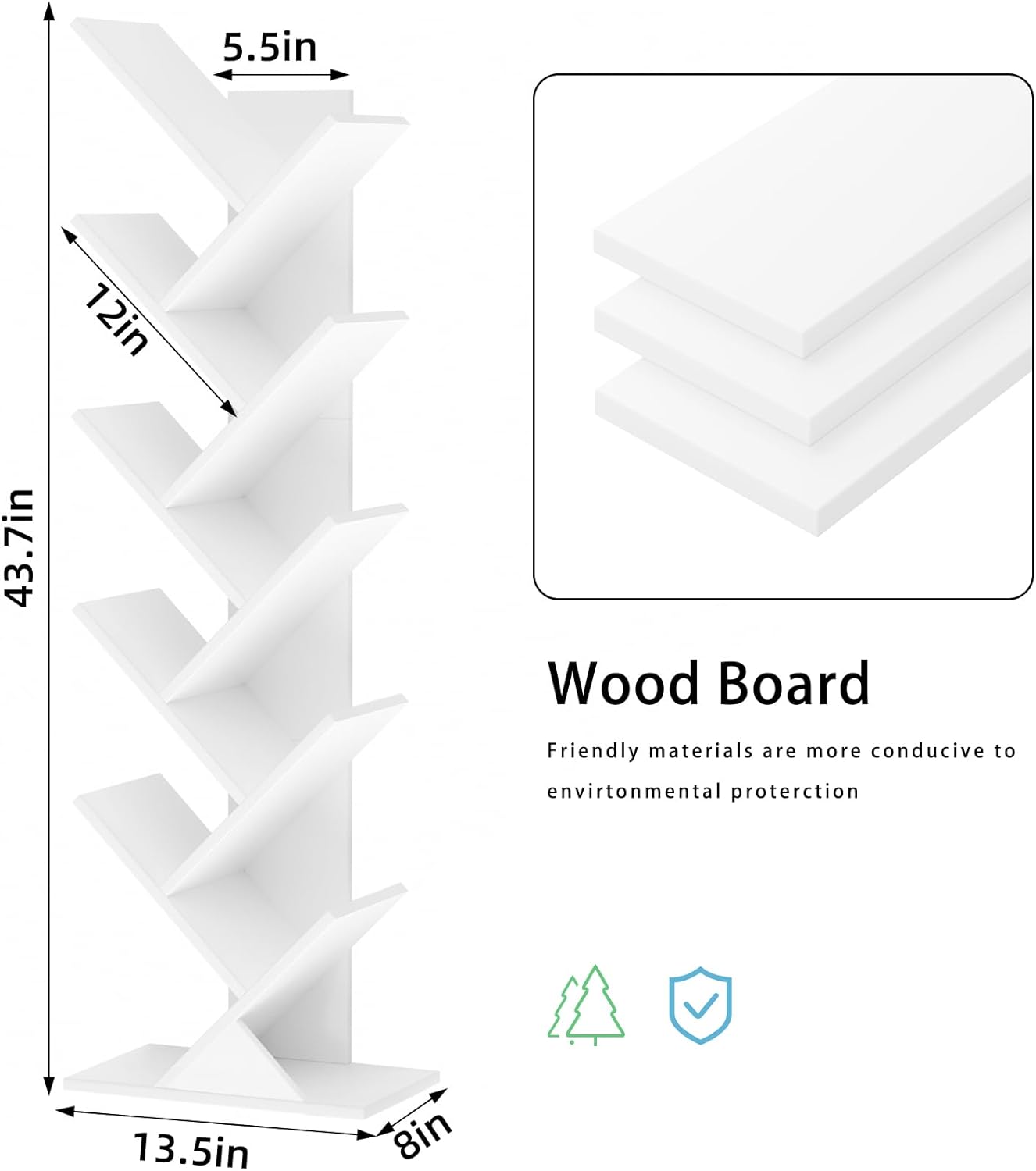 10 Tier Tree Book Shelf, Floor Standing Wood Bookshelf for Narrow Space, Storage Organizer Bookshelves for Books/CDs/Magazine, Bookcase with Shelves for Home Office, Living Room - White