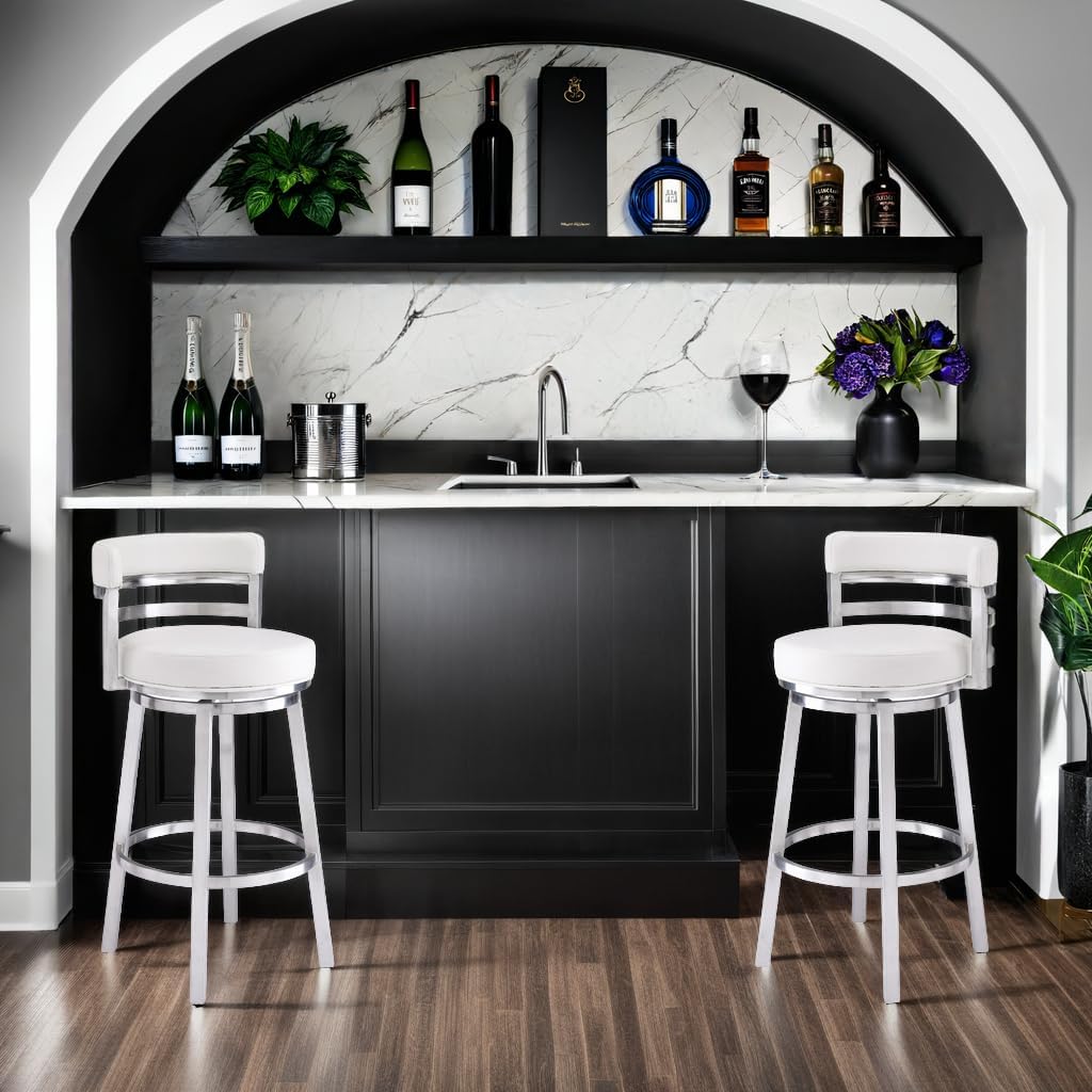 Armen Living Madrid 30" Seat Height Swivel White Faux Leather and Brushed Stainless Steel Bar Stool for Kitchen Island Counter