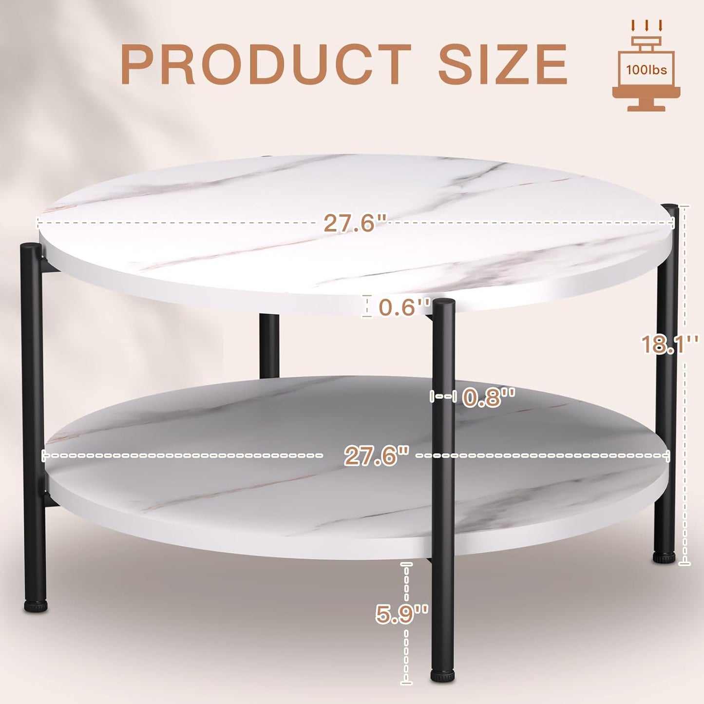 Round Coffee Table, 27.6" Circle Coffee Table for Living Room, 2-Tier Wood Accent Center Table with Open Storage Industrial Design Home Furniture, White