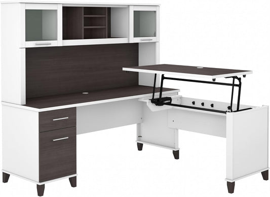Bush Furniture Somerset 72W 3 Position Sit to Stand L Shaped Desk with Hutch in White and Storm Gray