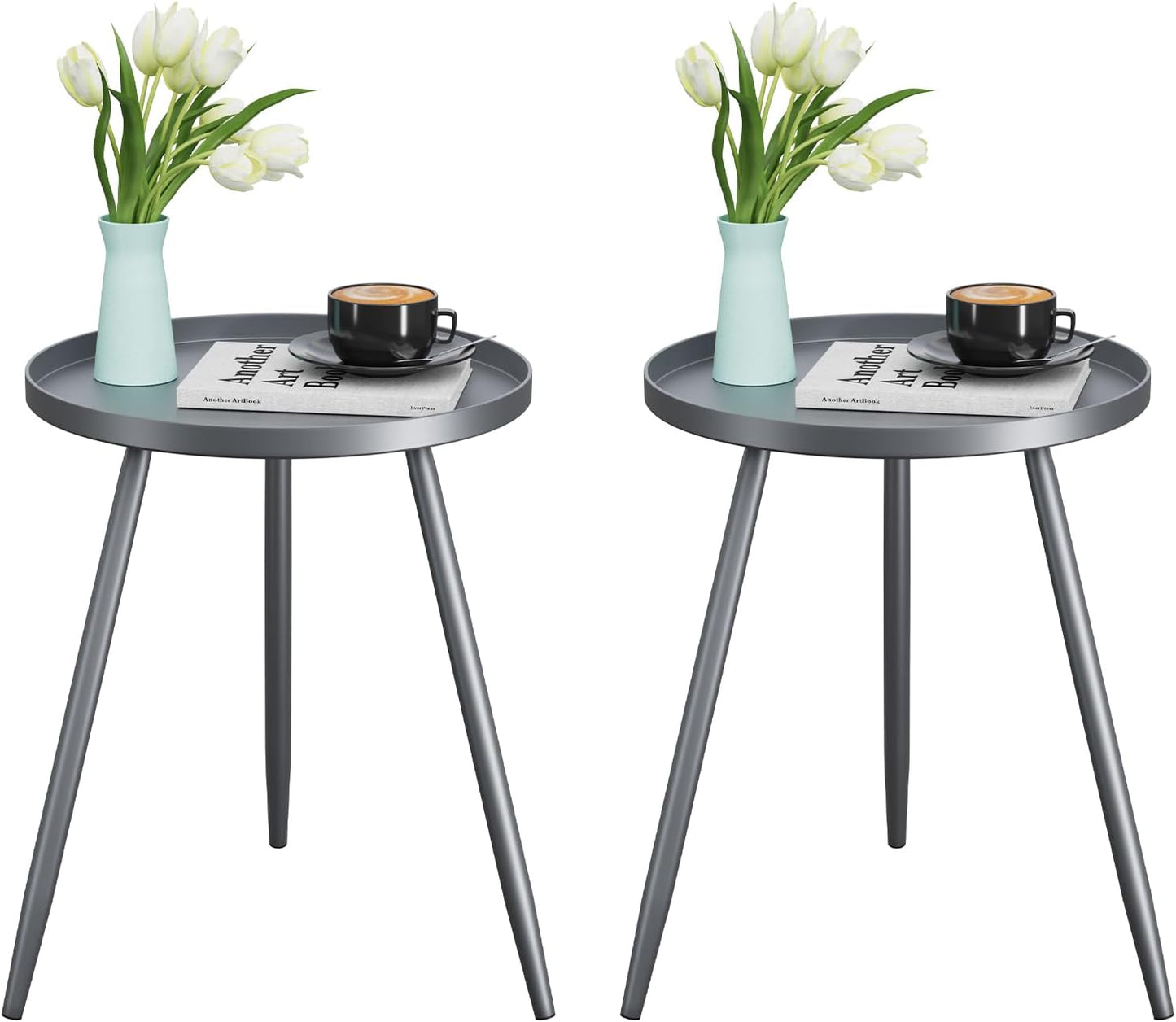 Apicizon 16" Round Side Table Set of 2, Metal End Table for Living Room, Bedroom, Bedside, Mid Century Modern Coffee Table or Circle Accent Table for Small Spaces, Grey