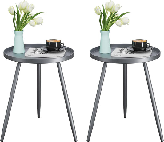 Apicizon 16" Round Side Table Set of 2, Metal End Table for Living Room, Bedroom, Bedside, Mid Century Modern Coffee Table or Circle Accent Table for Small Spaces, Grey