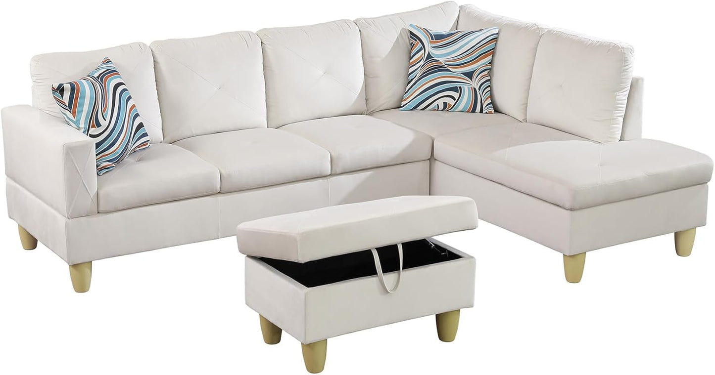 Couches for Living Room Modern L Shaped Couch Comfy Flannel Fabric 3 Pieces Sectional Sofa with Chaise, Ottoman with Storage for Office and Small Apartment, White