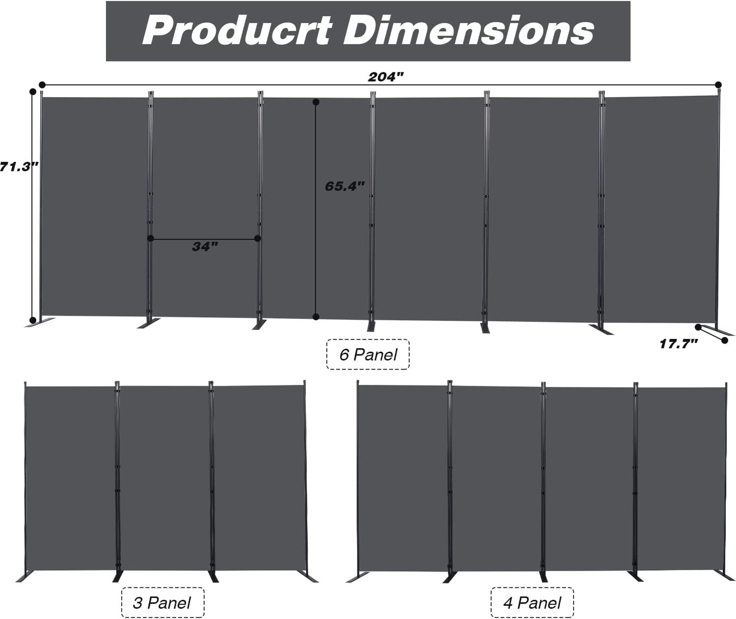 Room Divider, 6 Panel Folding Privacy Screens with Wider Support Feet, 6 Ft Portable Room Partition for Room Separator, 204" W X 71" H, Grey