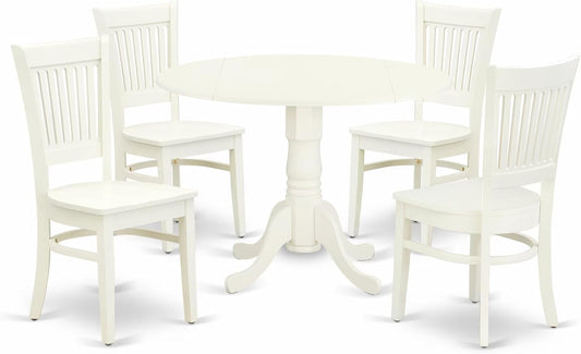 East West Furniture DLVA5-LWH-W 5 Piece Kitchen Table & Chairs Set Includes a Round Dining Room Table with Dropleaf and 4 Dining Chairs, 42x42 Inch, Linen White