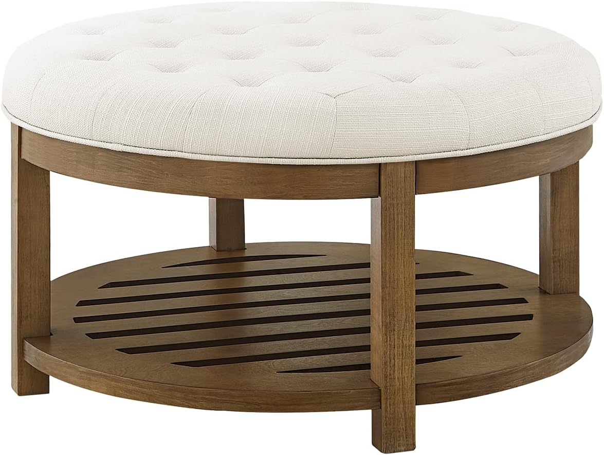 24KF Large Round Upholstered Tufted Linen Ottoman Coffee Table, Large Footrest Ottoman with Wood Shelf Storage-Ivory