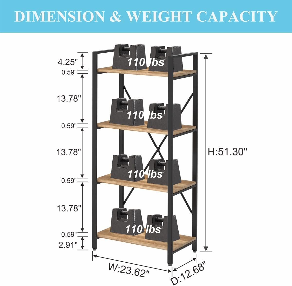 BON AUGURE Industrial 4 Tier Bookshelf, Modern Open Shelving Unit Book Shelves, Heavy Duty Etagere Bookcase, Wood Metal 4 Shelf Book Case for Office, Living Room and Bedroom (Vintage Oak)