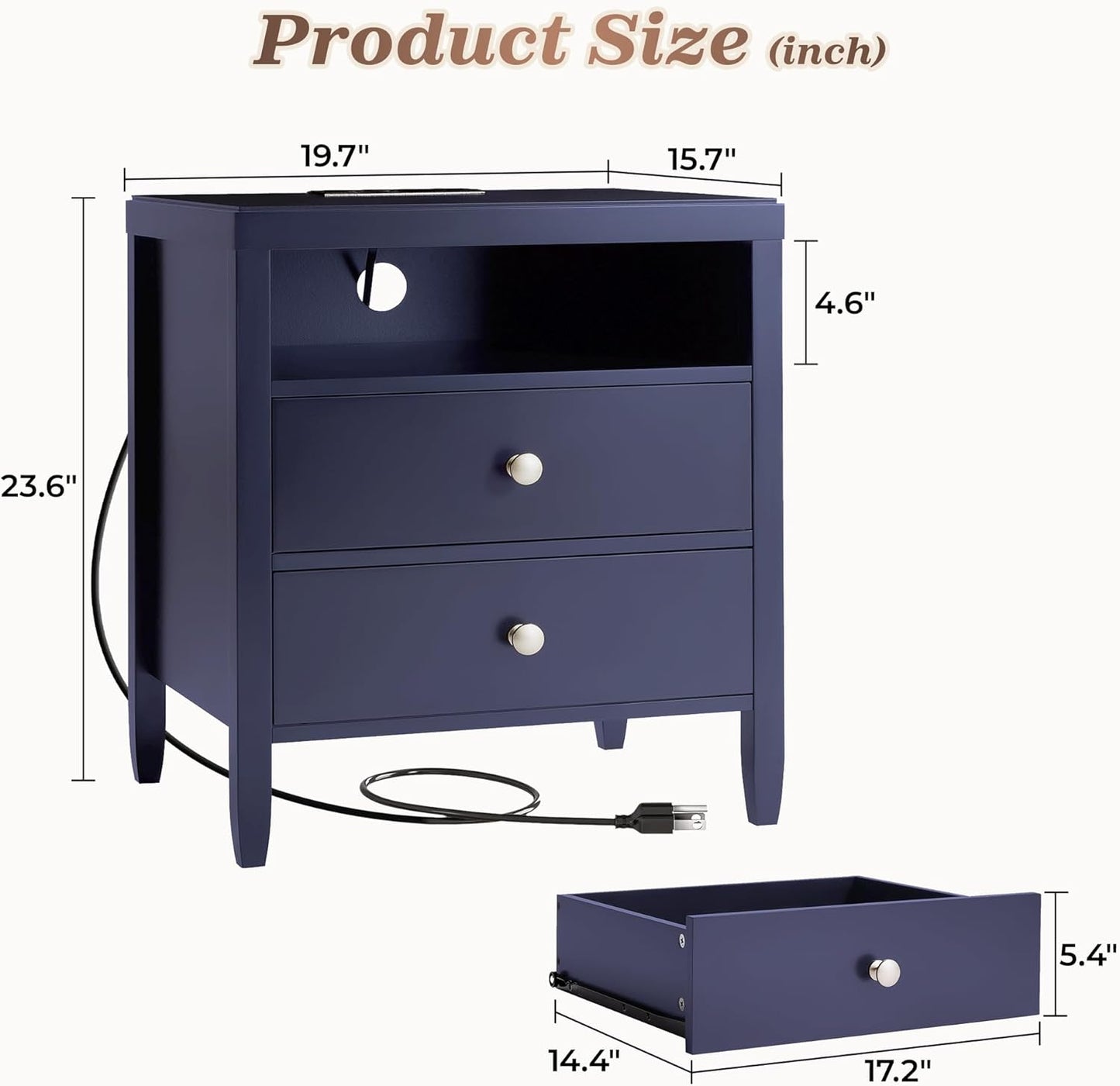 Huuger Nightstand with Charging Station, Blue Nightstand with 2 Drawers, Bed Side Table for Bedroom, Bedside Table with Storage, Modern Nightstands, Metal Knobs, Painted Surface