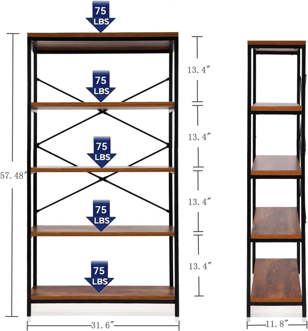 Himimi Industrial Bookshelf 5-Tier Set of 2, Bookcase 58" H Ladder Shelf, Storage Shelves Rack Shelf Unit, Accent Furniture Metal Frame, Home Office Furniture, Vintage Brown（2PCS）