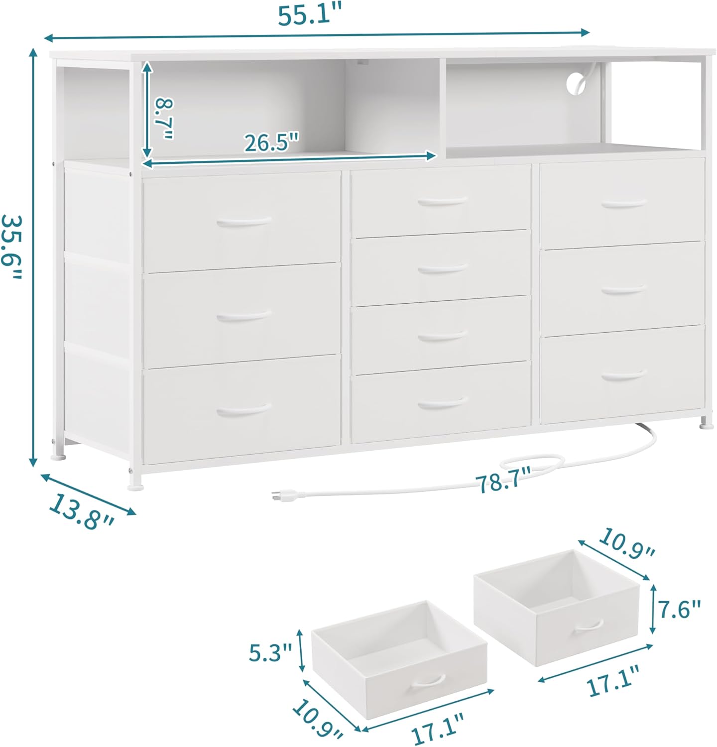 55W 10-Drawers Dresser with 2 Open Storage Shelves, TV Stand Dresser for 55,65 inch TV，with Power Outlets and LED Lights, Fabric Dressers Drawers for Bedroom, Living Room (White)