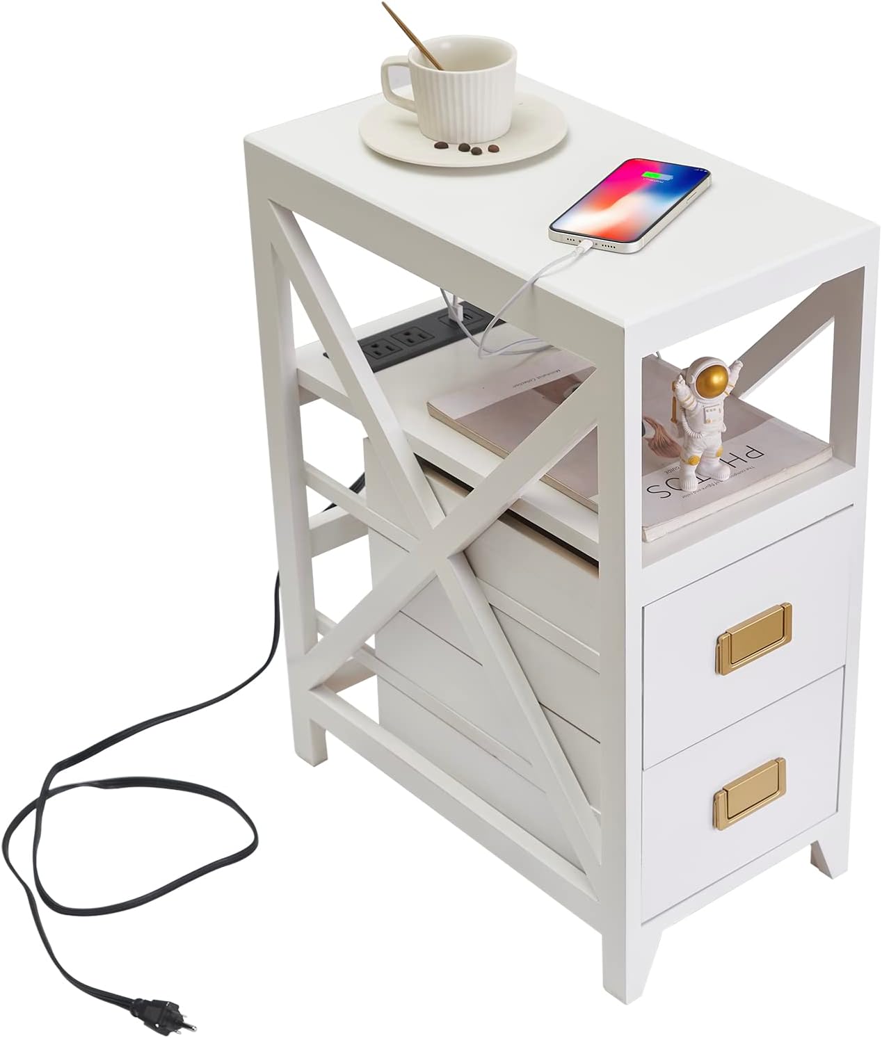 Fully Assembled Narrow Side Table with Charging Station, No Assembly Narrow Nightstand with USB Ports, Pre Assembled Skinny End Table with Outlets for Living Room, Bedroom-White