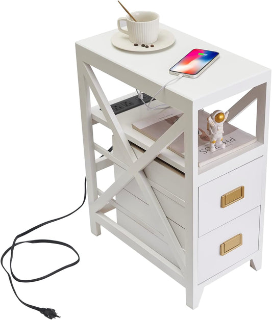 Fully Assembled Narrow Side Table with Charging Station, No Assembly Narrow Nightstand with USB Ports, Pre Assembled Skinny End Table with Outlets for Living Room, Bedroom-White