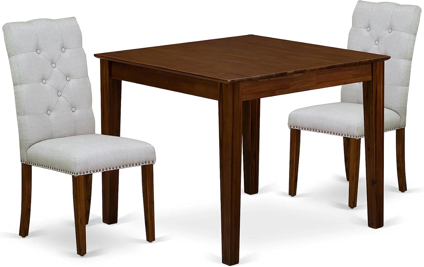 East West Furniture OXEL3-AWA-05 3 Piece Dining Room Table Set Contains a Square Dinette Table and 2 Upholstered Chairs, 36x36 Inch, Antique Walnut